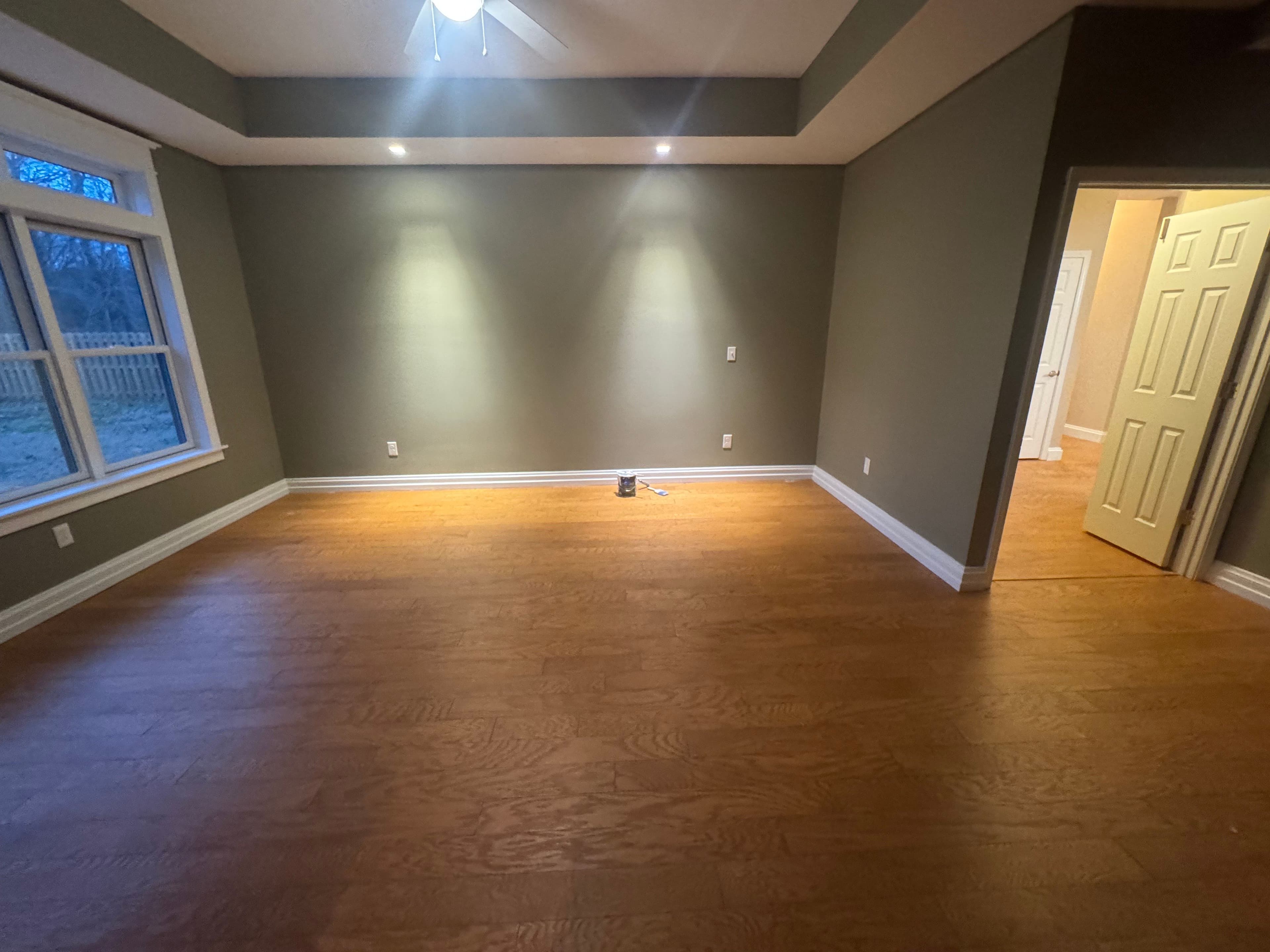 Spacious room with wooden flooring and muted green walls, featuring a light fixture and open doorway.